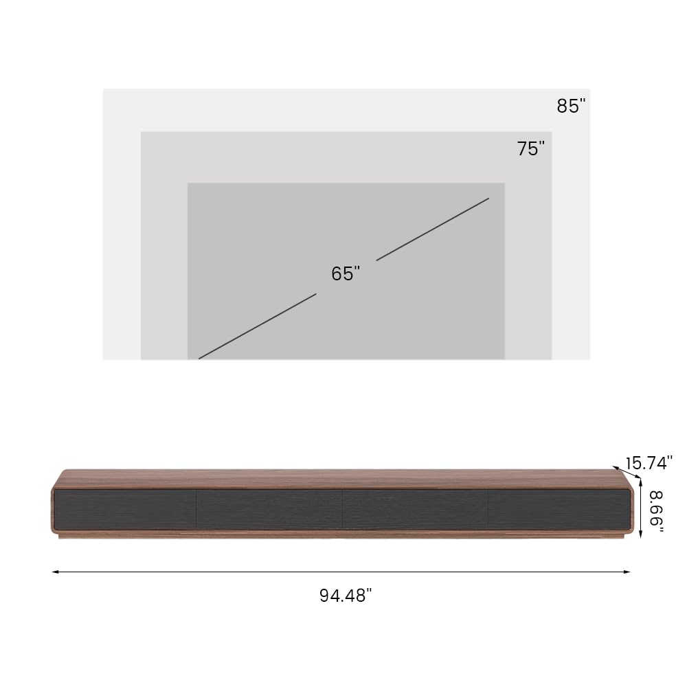 POVISON Modern TV Stand, Media Console with 4 Drawers, Soild Wood Entertainment Center for 75+ 90 Inch TV, Fully-Assembled, Black & Walnut Veneer, 94.5” POVISON