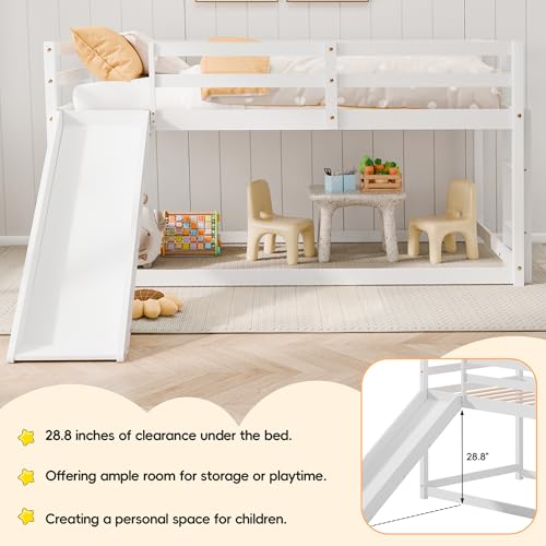 Callales Twin Bunk Bed with Slide, Solid Pine Wood Loft Bed Frame for Kids, Toddlers, Floor Loft Low Bunk Bed Twin Over Twin with Ladders, Safety Guardrails, Storage Space, Bedroom (White) Callales