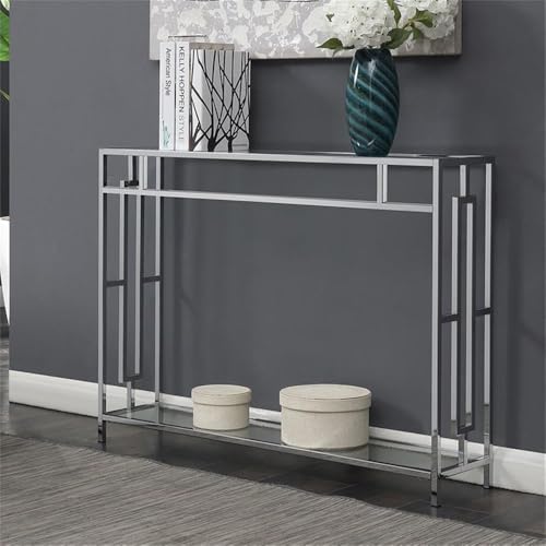 Convenience Concepts Town Square Chrome Console Table 42" - Contemporary Modern Sofa Table with Storage Shelf, Narrow Entryway Hall Table for Living Room, Bedroom, Bathroom, Glass/Chrome Convenience Concepts