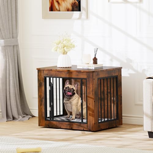 YITAHOME Dog Crate Furniture for Medium Dogs, Side End Table, Modern Dogs Kennel Indoor up to 35 lb, 2-in-1 Iron-Wood Fusion Dog Cage with Waterproof Top, Safety Corners,Steel Lock,30"L, Rustic Brown YITAHOME