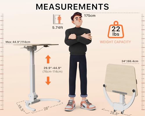 JOY worker Foldable Mobile Standing Desk, Pneumatic Height Adjustable Sit Stand Desk, 90° Tiltable Rolling Laptop Desk, Portable Cart with Wheels Non-Slip Mat for Home Office, Holds Up to 22lbs JOY worker