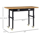 HOMCOM 59" Work Bench with Drawer, Height Adjustable Legs, Bamboo Tabletop Workstation Tool Table on Wheels for Garage, Weight Capacity 1320 Lbs, HOMCOM