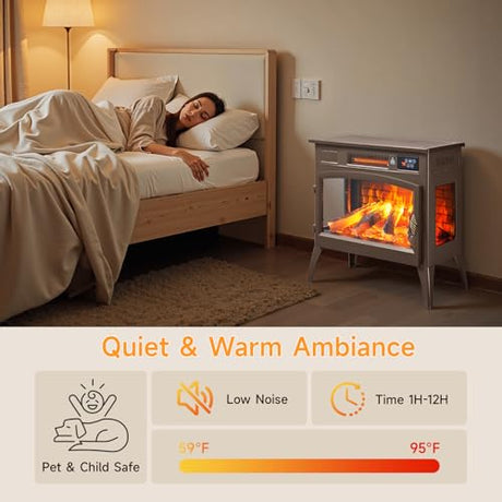 24″ Freestanding Electric Fireplace Stove with 3D Flame Effect and 6 Flame Color, 1000/1500W Infrared Fireplace Stove, 5200 BTU Electric Fireplace Heater with Remote and Timer for Indoor, Brown ONBRILL