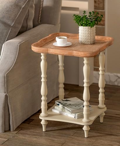 VONLUCE French Country End Table, 19'' Square Farmhouse Side Table, Distressed Wood Tray Top Rustic Accent Table for Living Room Bedroom, Small Space, Beige