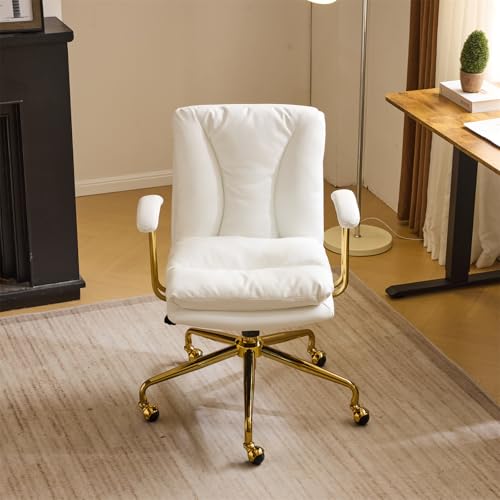 VINGLI Home Office Desk Chair Comfy with Wheels & Removable Armrests,Gold Base Vanity Chair with Back, Adjustable Rolling Swivel Computer Task Chair for Study,Makeup,Office,Bedroom,PU Leather,White VINGLI