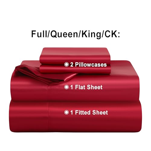 NTBAY Silk Satin King Sheet Set, 4-Piece Luxury and Soft Bedding Set Cooling Silky Sheets for Hair and Skin, Includes 2 Pillowcases, 1 Flat Sheet, 1 Fitted Sheet with Deep Pocket, Wine Red NTBAY