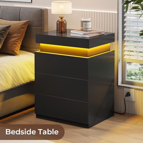 BTHFST LED Nightstands Set of 2,Night Stands for Bedroom Set of 2,Nightstand with Charging Station and Sliding Top,Bedside Table with Power Outlets & Drawers,Modern End Side Table (Black) BTHFST