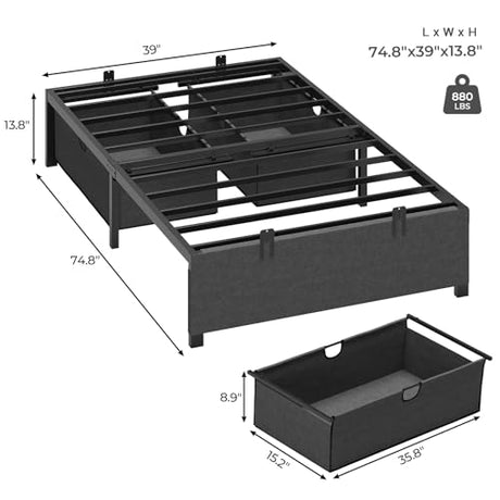 BTHFST Twin Size Bed Frame with 2 Large Storage Drawers, Metal Platform Twin Bed for Kids, Heavy Duty Steel Slats, No Box Spring Needed, Easy Assembly, Dark Grey & Black BTHFST