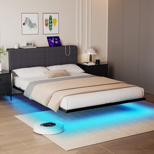 HOMERECOMMEND Floating Full Size Bed Frame,Full Bed Frame with Storage Headboard with Charging Station,Corduroy Upholstered Platform Bed with Smart LED Lights,No Box Spring Needed,Black+Dark Grey HOMERECOMMEND