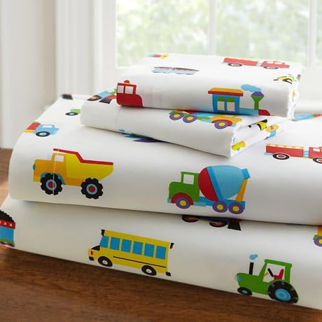 Linen Plus Sheet Set for Boys/Teens Trucks Cars Tractors Police Care Airplane Balloons White Yellow Red Green Blue Flat Sheet and Fitted Sheet and Pillow Case Twin New Linen Plus