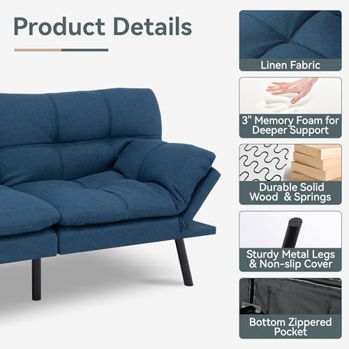 AMICLIBER Futon Sofa Bed Convertible Couch, Blue Linen Sofa Bed with Memory Foam, Adjustable Backrest & Armrests, Multifunctional Small Loveseat Sleeper Sofa for Living Room, Apartment, Office AMICLIBER