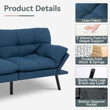 AMICLIBER Futon Sofa Bed Convertible Couch, Blue Linen Sofa Bed with Memory Foam, Adjustable Backrest & Armrests, Multifunctional Small Loveseat Sleeper Sofa for Living Room, Apartment, Office AMICLIBER