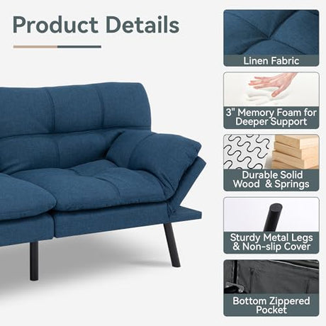 AMICLIBER Futon Sofa Bed Convertible Couch, Blue Linen Sofa Bed with Memory Foam, Adjustable Backrest & Armrests, Multifunctional Small Loveseat Sleeper Sofa for Living Room, Apartment, Office AMICLIBER