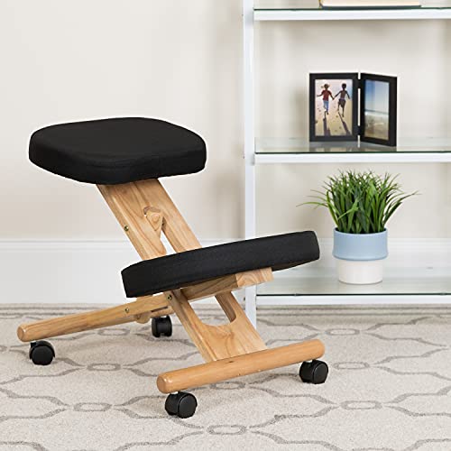 Flash Furniture Posey Mobile Wooden Kneeling Office Chair for Improved Posture, Height-Adjustable Ergonomic Office Kneeling Chair, Natural/Black Flash Furniture