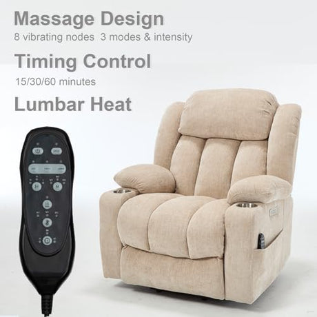 RHHVVR Power Lift Recliner Chair, 350lb Capacity with 8-Point Massage & Heating, USB/Type-C Ports & Cup Holders, Heavy Duty Chenille Recliner for Elderly, Beige RHHVVR