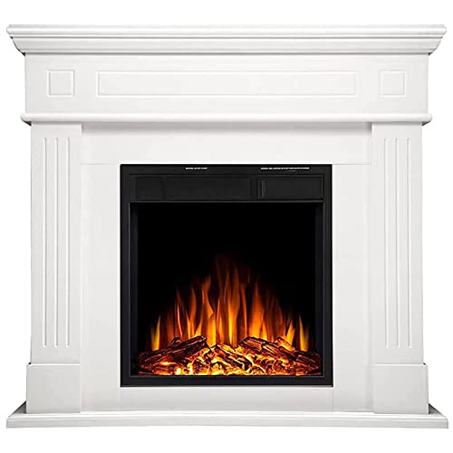 R.W.FLAME 43” Electric Fireplace Mantel Wooden Surround Firebox, TV Stand with Freestanding Electric Fireplace, Remote Control, Adjustable Led Flame, 750W/1500W Pearl White