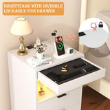 Yusong Night Stand with Gun Drawer & Invisible Lock, Bedside Table, LED Nightstand with Charging Station, Modern Night Stand, Wood Sofa Couch End Side Table with 2 Pull-Out Shelf, White Yusong