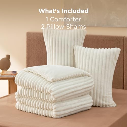 Bedsure Full Size Comforter Sets - GentleSoft™ 3 Pieces Double-Side Fleece Fluffy White Comforter Set, Cozy Striped Room Decor Aesthetic, Luxury Full Size Bedding, 2 Pillowcases, 82x86 Inches Bedsure