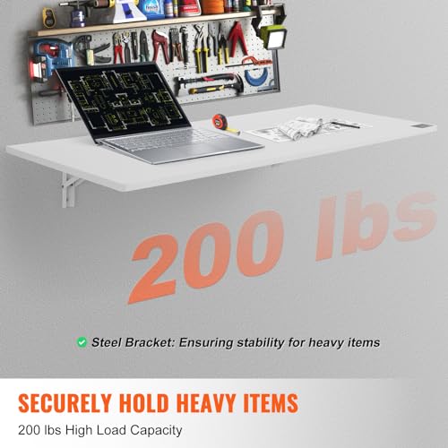 VEVOR Wall Mounted Folding Table, 47.24" x 19.69" Wall Mount Drop Leaf Table, Floating Desk with Iron Bracket, Fold Down Desk for Small Spaces, Home Office, Dining, Laundry Room, Kitchen, Bar, White VEVOR