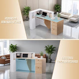 L-Shaped Large Wooden Reception Desk, Modern Front Desk Reception Counter with Lockable Drawers & Storage & Keyboard Tray, for Checkout, Lobby (Right-Natural Wood/White, 71''L x 42''W x 41''H) Yorkgargen