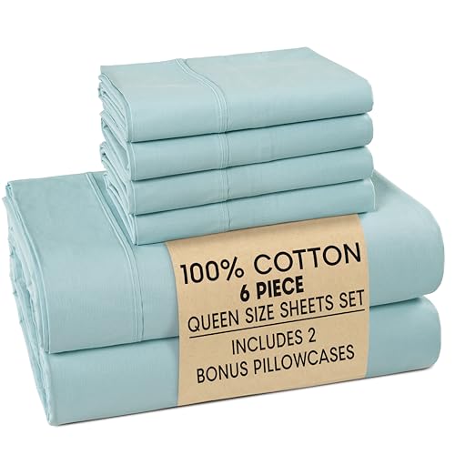 Casa Platino Queen Sheets Sets – 100% Cotton Queen Sheets Cooling with 4 Pillowcases, 15" Deep Pocket Fitted Sheet, Crisp & Smooth Feel, Ultra Soft & Cozy, Fit – Blue Sky Casa Platino