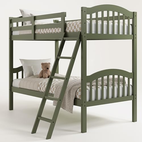 Storkcraft Long Horn Twin-Over-Twin Bunk Bed (Olive) - GREENGUARD Gold Certified, Converts to 2 Individual Twin Beds, Wood Slats, Bunk Bed Twin Over Twin for Kids, Ideal for Kids