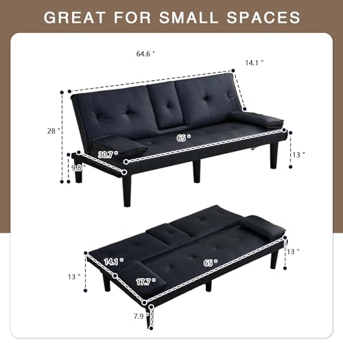 ODOLAR 67" Futon Sofa Bed,Convertible Sofa Bed with 2 Cup Holders,Sleeper Couch PVC Leather Removable Soft Armrest Small Couch for Living Room Apartments ﻿ (Black) ODOLAR