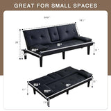 ODOLAR 67" Futon Sofa Bed,Convertible Sofa Bed with 2 Cup Holders,Sleeper Couch PVC Leather Removable Soft Armrest Small Couch for Living Room Apartments ﻿ (Black) ODOLAR