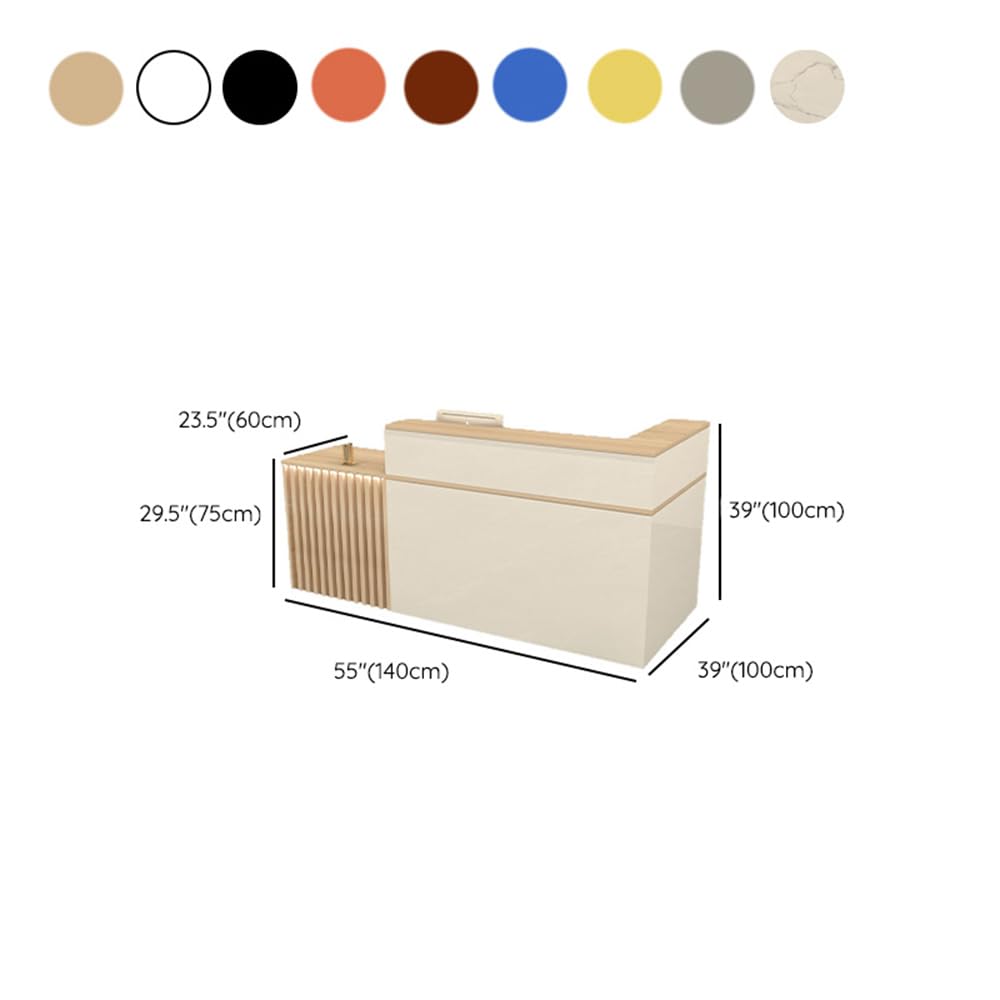 LITFAD L-Shape Checkout Counter Wood Reception Desk wih Keyboard Tray, Hutch, Desk Return and Lockable Drawer, Filing Cabinet, Modern Counter for Office, Lobby, Beauty Salon, Store - Wood/White LITFAD