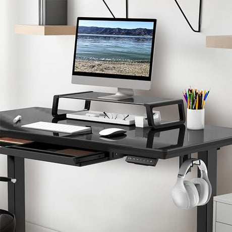 SHW 48x24 Glass Electric Height Adjustable Standing Desk – Motorized Sit Stand Desk with Monitor Riser, Pull-Out Drawer, Memory Presets, Black SHW