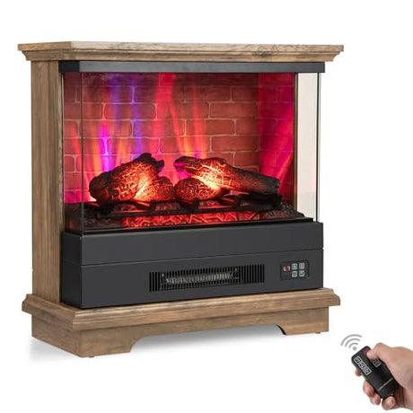 ORALNER 27” Electric Fireplace with Mantel, 3-Sided Glass View, Wooden Surround Firebox, Freestanding Fireplace Heater w/ 7 Flame Colors, Remote & 6H Timer, Overheat Protection, 1400W (Brown) ORALNER