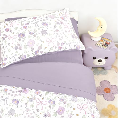 SWESEN Toddler Bedding Set for Girls, Purple Floral Toddler Girls Bedding Set, Soft & Lightweight 4 Piece Toddler Comforter Sets Include Comforter, Flat Sheet, Fitted Sheet, Pillowcase SWESEN