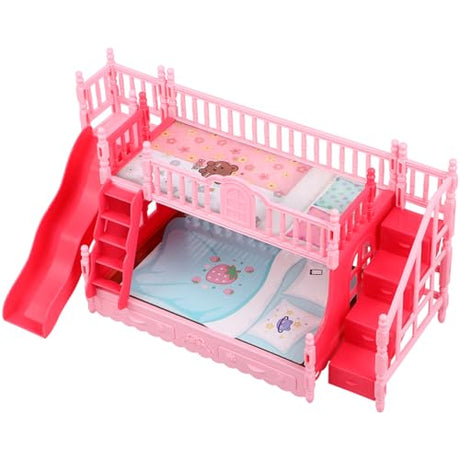 NOLITOY Miniature Bunk Bed with Slide for 6 Inch Dolls - Pink Double Deck Plastic Dollhouse Furniture Playset with Ladder & Bedding Accessories - Fits Small Dolls Figures NOLITOY