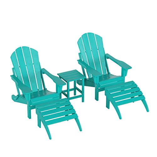 WestinTrends Malibu Outdoor Lounge Chairs Set, 5-Pieces Adirondack Chair Set of 2 with Ottoman and Side Table, All Weather Poly Lumber Patio Lawn Folding Chair for Outside, Turquoise