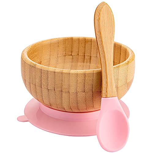 Baby Bowls and Spoons, Baby Bamboo Bowl and Spoon | Silicone Suction | Bamboo Baby Bowls for Baby | Baby Bowls First Stage | Baby Wood Bowls (Pink) HI BABY MONMENT