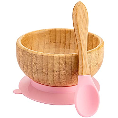Baby Bowls and Spoons, Baby Bamboo Bowl and Spoon | Silicone Suction | Bamboo Baby Bowls for Baby | Baby Bowls First Stage | Baby Wood Bowls (Pink) HI BABY MONMENT