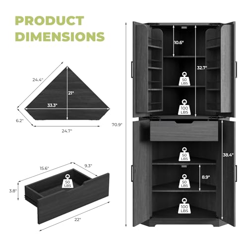 Dripex 71" Corner Cabinet Black, Farmhouse Kitchen Pantry Cabinet with Doors Storage & Adjustable Shelves, Tall Corner Storage Cabinet with LED Light, Food Pantry for Living Room, Dining Room Dripex