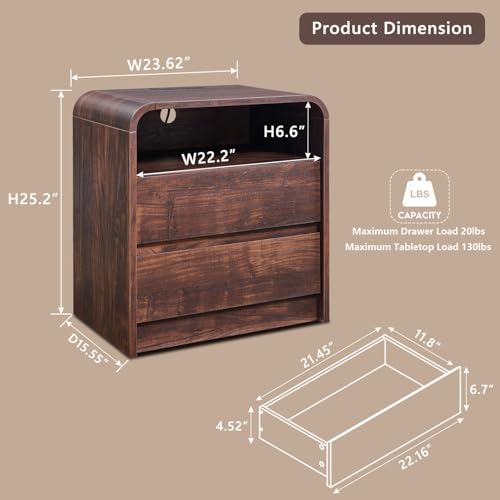 Aitjunz 25" Tall Modern Nightstand with Charging Station, 23.6'' Wide Wood Bedside Table w/2 Storage Drawers, Large Mid Century End Table for Bedroom, Living Room, Curved Profile Design, Brown Aitjunz