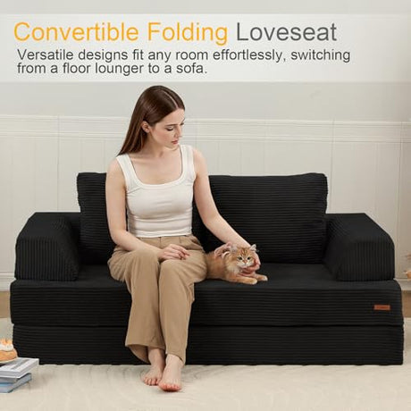 COMAX Futon Sofa Bed, Convertible Folding Sofa Bed, Boneless Couch Loveseat Corduroy with Pillows, Small Foldable Floor Couch Comfy Lounge Sleeper for Living Room Bedroom, Black COMAX