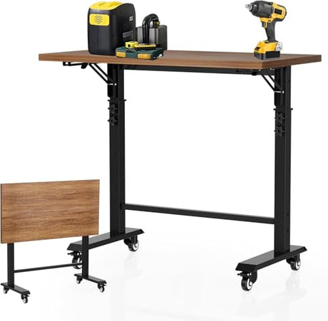 POWSTR 47" Foldable Wood Workbench,Adjustable Height Work Bench(32-42'') with Wheels and Feet Mat，Suitable for Workshop,Office,Garage,Home,Commercial POWSTR