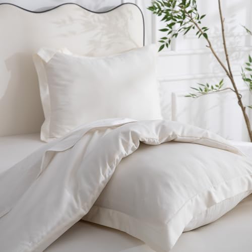 SheRest 1 Piece Duvet Cover Twin Size - 100% Viscose Derived from Bamboo, Soft Breathable Cooling Comforter Cover for Hot Sleepers, 8 Corner Ties and Zipper Closure, No Comforter, Light Beige, 68"x90" SheRest