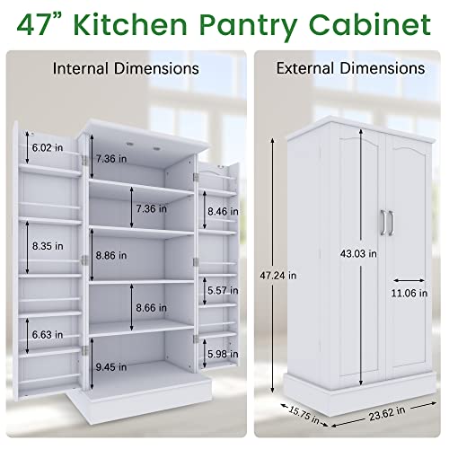 Jehiatek 47” Kitchen Pantry Cabinet, White Freestanding Buffet Cupboards Sideboard with Doors & Adjustable Shelves, Kitchen Pantry Storage Cabinet for Kitchen, Living Room and Dinning Room