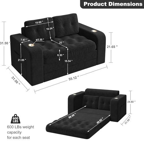 55" Convertible Sofa Bed, 2 in 1 Futon Sofa Bed with Storage Pockaets, Folding Couch Bed with Cup Holders, Boneless Loveseat Sleeper Sofa, Fold Out Floor Couch for Living Room Bedroom Lounge (Black) Hretanant