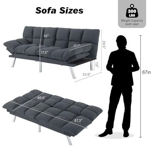 Modern Corduroy Sofa Bed Futon,Convertible Sleeper Bed Couch with 4 Reclining Backrest &Armrest,68" Comfy Cloud Sofa Loveseat for Small Living Room Office (Grey) Anwick