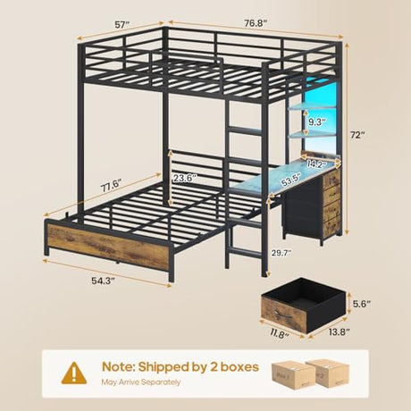 ADORNEVE Bunk Bed with Desk, Full Over Full Bunk Beds with Charging Station & Led Lights, 4 Storage Drawers & 2 Open Storage Shelves, Metal Loft Bed with Safety Guardrail & Ladder for Kids/Teen, Black ADORNEVE