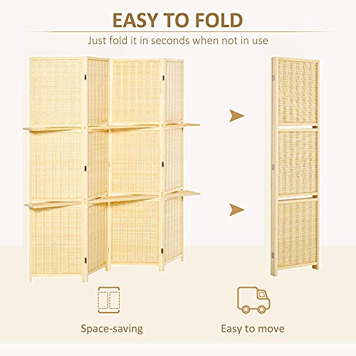 HOMCOM 4-Panel Folding Room Divider, 6 Ft Freestanding Bamboo Privacy Screen Panel with Storage Shelves for Bedroom or Office, Natural Wood Color HOMCOM
