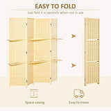 HOMCOM 4-Panel Folding Room Divider, 6 Ft Freestanding Bamboo Privacy Screen Panel with Storage Shelves for Bedroom or Office, Natural Wood Color HOMCOM