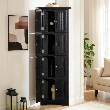 TRJQBCC 72" H Farmhouse Corner Storage Cabinet with 8 Doors & 4 Shelves, 4 Tier Kitchen Corner Pantry Cabinet Wooden Organizer Case Bookshelf, Home Space Saver Cabinet for Kitchen,Living Room(Black) TRJQBCC