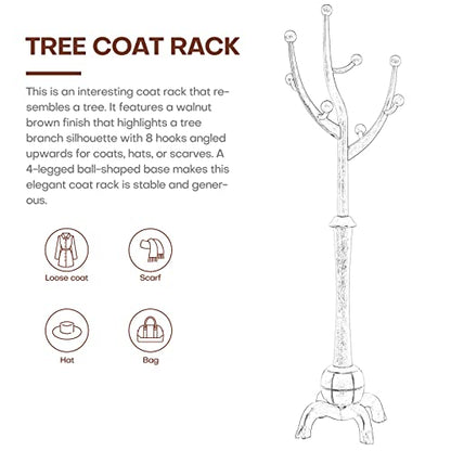 Coat Rack Freestanding Wood Tree Rack with 8 Hooks, Creative Design Tree Branch-look, Coat Tree Clothes Hanger Stand with Stable Sphere Base for Entryway, Hallway, Bedroom - Load 160lbs (Walnut Brown)