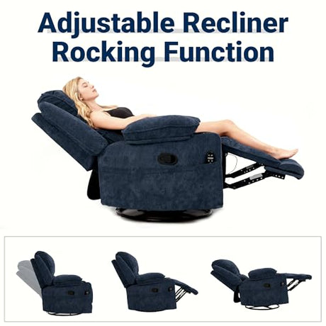 Culect 360° Swivel Rocker Recliner Multi-Functional Nursing Chair with Heating Massage, Manual Recliner Chair with Cup Holders, Lazyboy Recliner Chair for Living Room, Bedroom, Navy Blue Culect